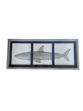 New Grey Framed and Mounted 33x14in Blue Shark Watercolor Painting Wall Decor